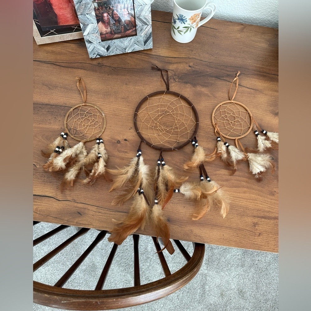 Set of 3 matching beaded and feathered dream catchers. Bohemian decor, boho chic